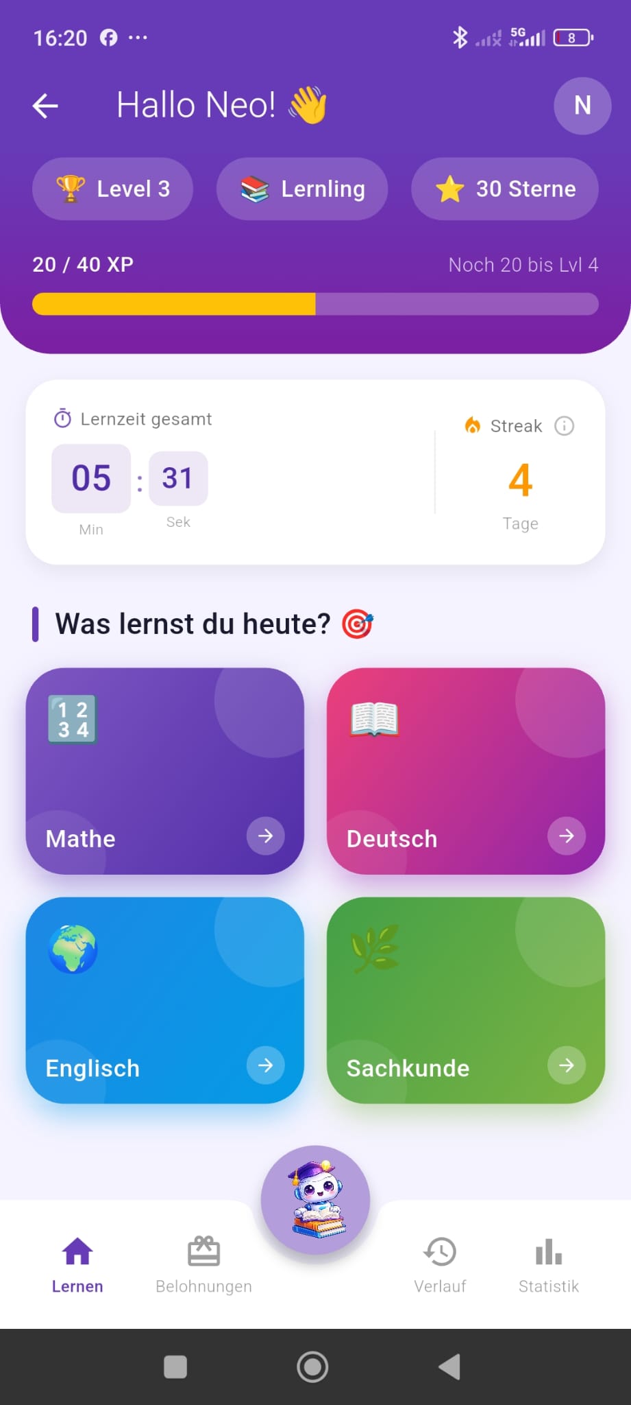 Lerndex Schülerdashboard Klasse 3 und 4 – Dashboard mit KI-Tutor Zugang und ersten Lernstatistiken
