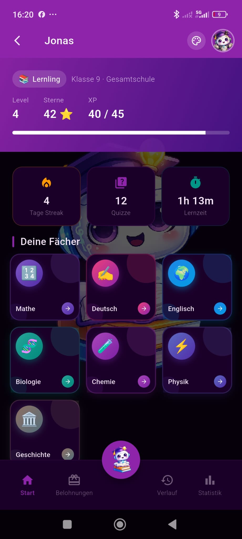 Lerndex Schülerdashboard weiterführende Schule – personalisiertes Dashboard mit Fächerwahl, XP-System und Lernzielen